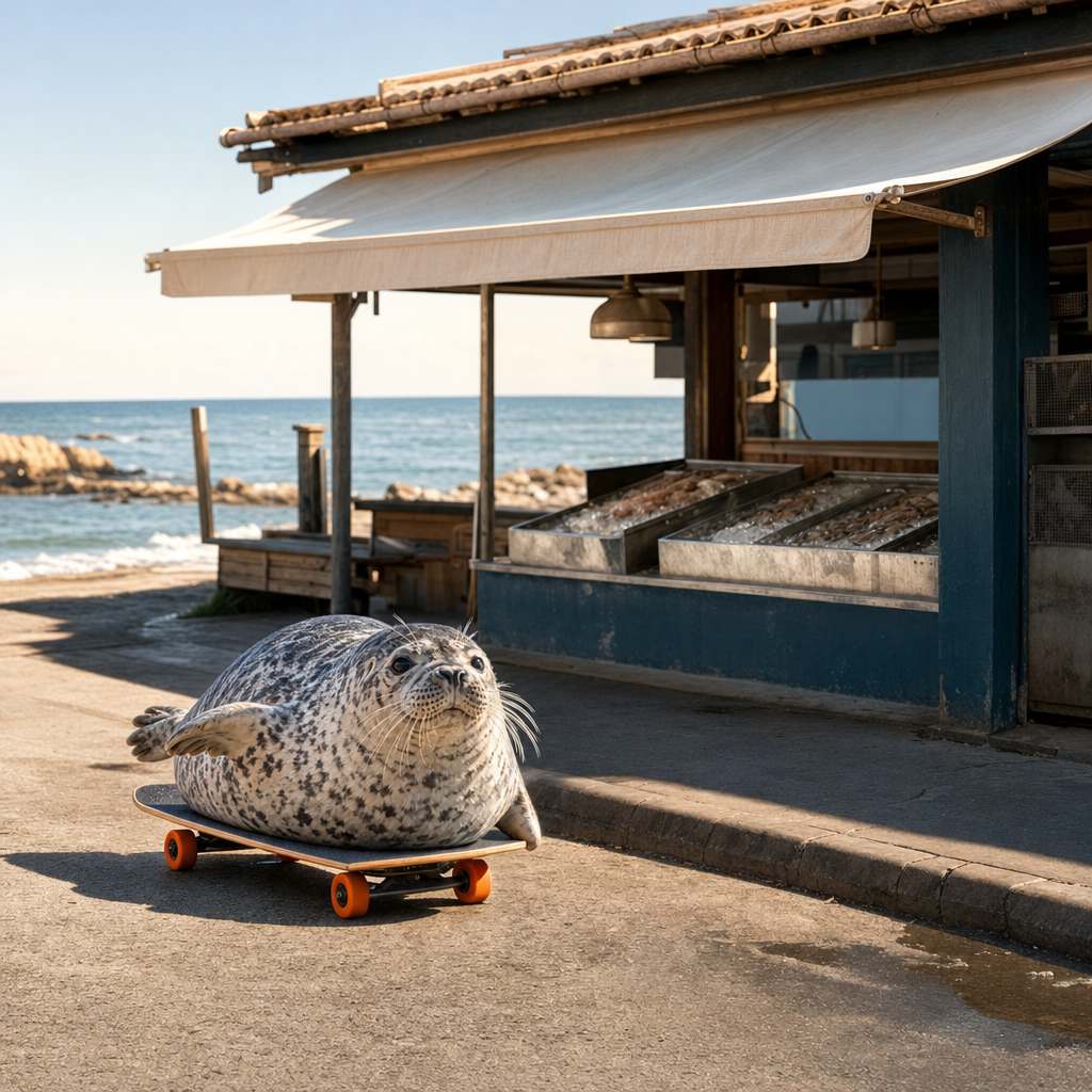 Seal wif Wheels parked on its skateboard by the curb outside a seaside fish shop